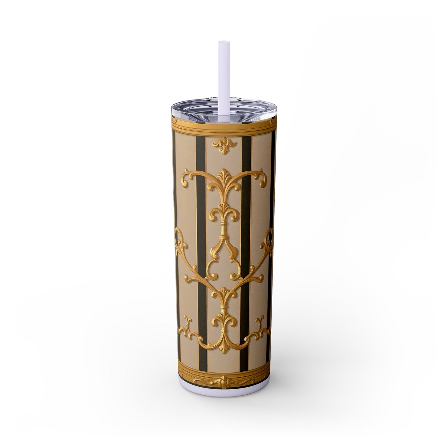 Skinny Tumbler with Straw, 20oz - Beige Striped Gold Rococo