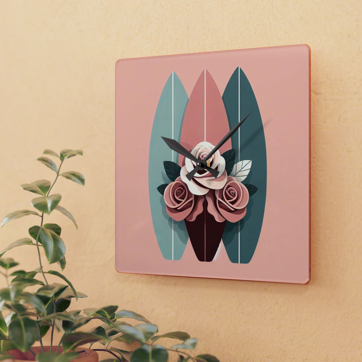 Bohemian Surf-Inspired Acrylic Wall Clock with Floral Design - Burgundy, Matte Mauve & Teal Surfboard & Roses Design