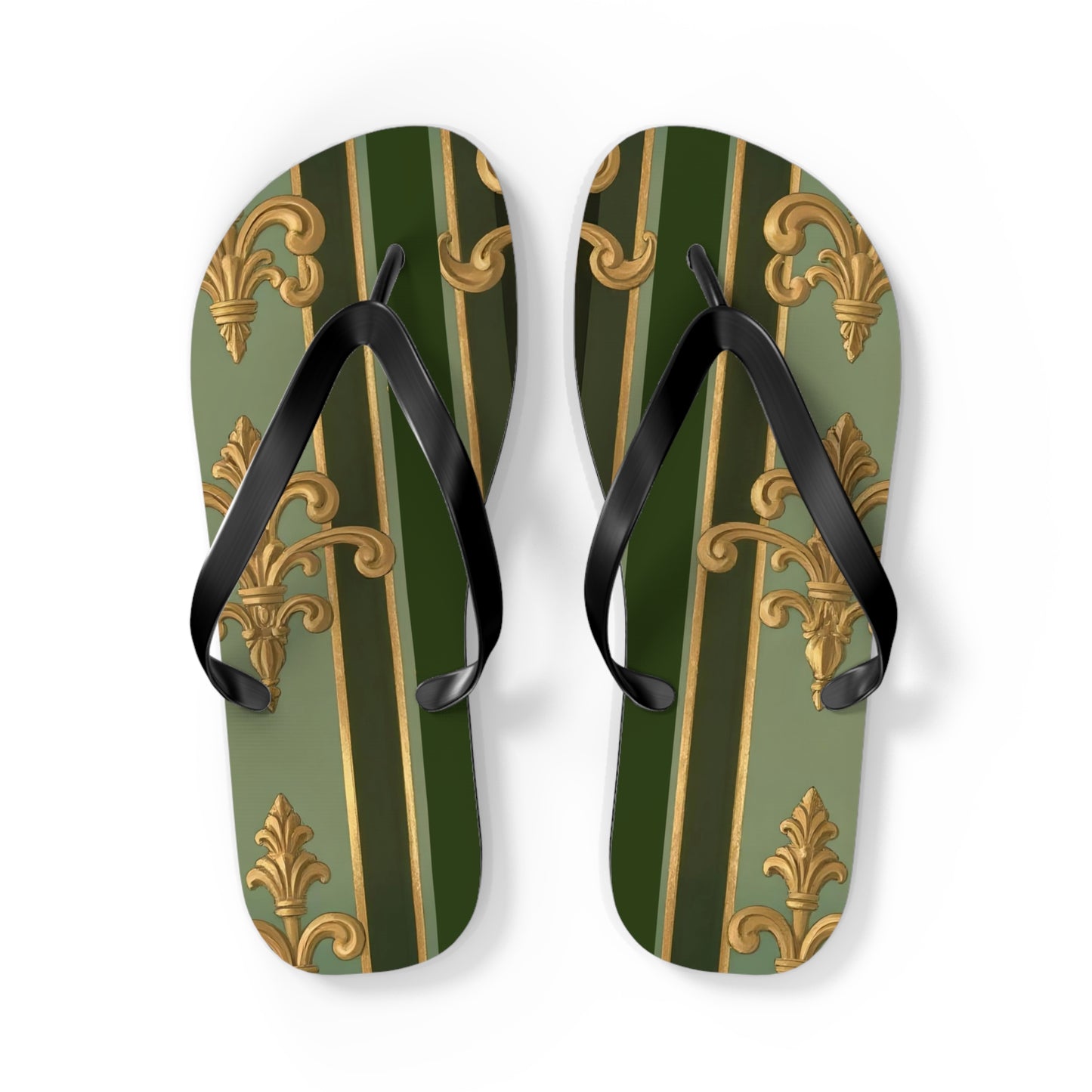 Elegant Vintage Flip Flops for Summer, Casual Sandals, Beachwear, Vacation Footwear, Summer Parties - Green Striped Gold Baroque
