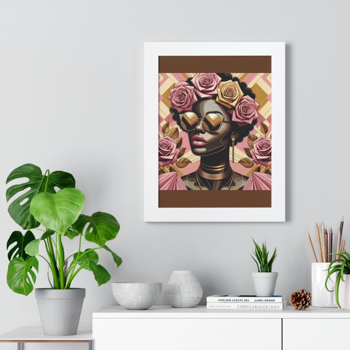 Elegant Framed Vertical Poster of Floral Woman, Home Decor, Wall Art, Gift for Her, Feminine Art Print - Pink Roses Lady