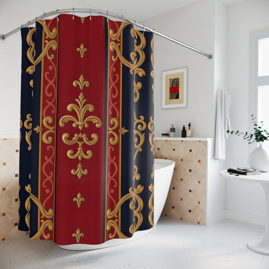 Elegant Vintage Shower Curtain, Luxury Bathroom Decor, Floral Print - Midnight Blue & Dusk Red Gold Baroque