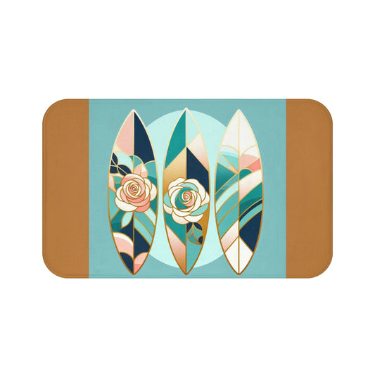 Vintage Floral Bath Mat - Stylish Home Decor for Relaxation - Blue, Pink & Aqua Surfboard & Roses Design