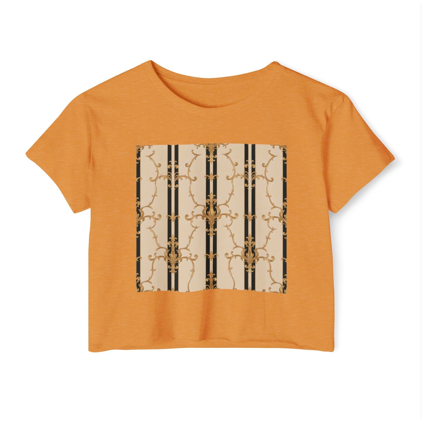 Festival Crop Top, Stylish Summer Tee, Trendy Women's Shirt, Festival Wear, Perfect for Music Events - Black & Beige Striped Damask