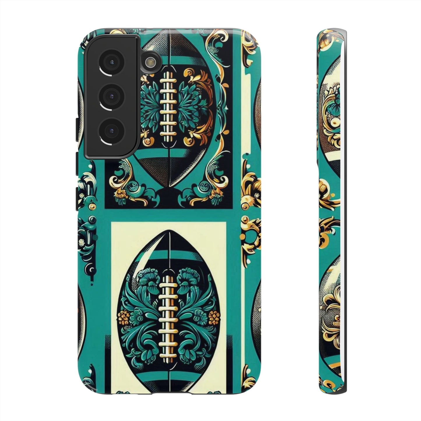 Elegant Floral Motif Phone Case - Tough Cases with Vintage Design -  Damask Teal, Gold & Black Footballs