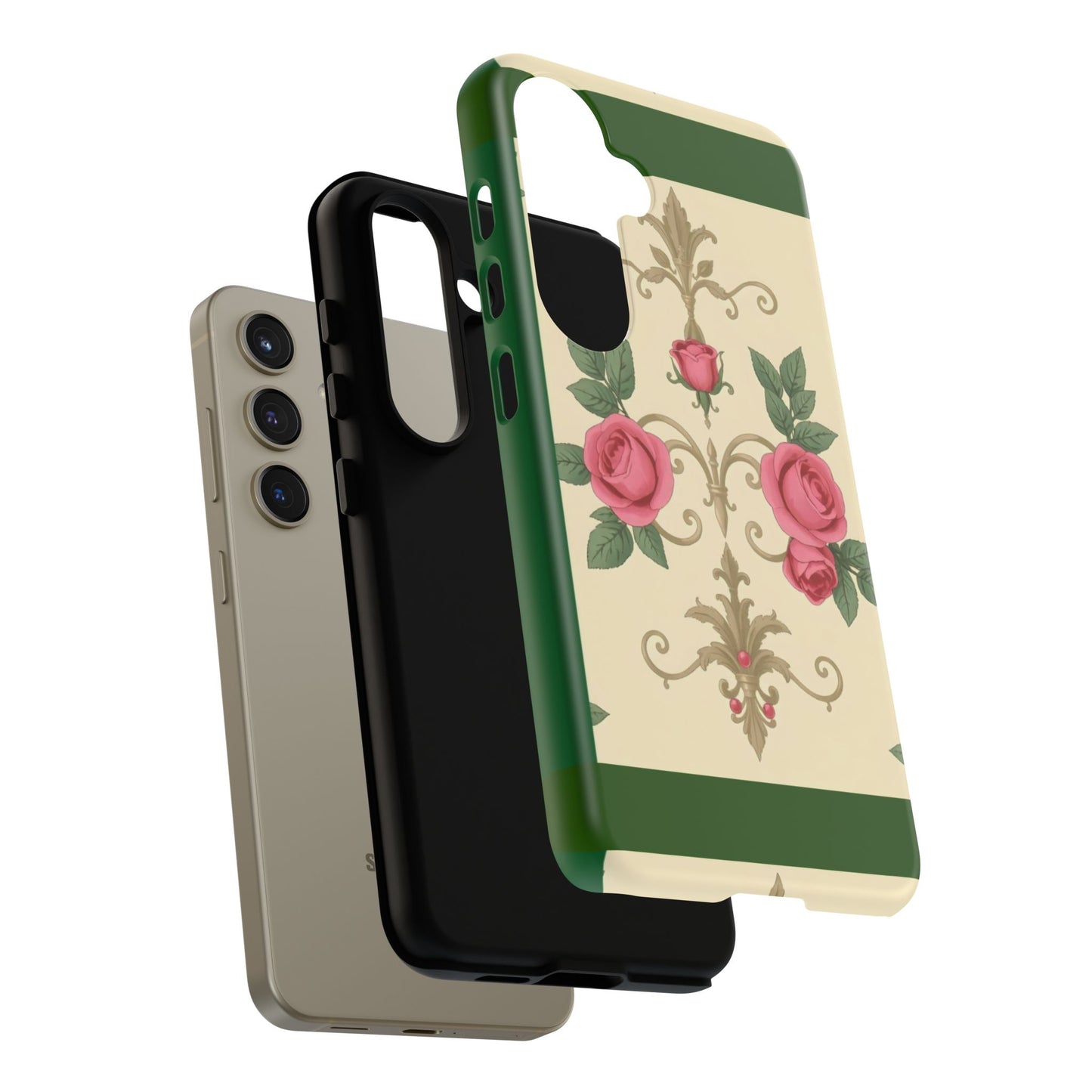 Elegant Floral Motif Phone Case - Tough Cases with Vintage Design - Green Border Roses & Damask