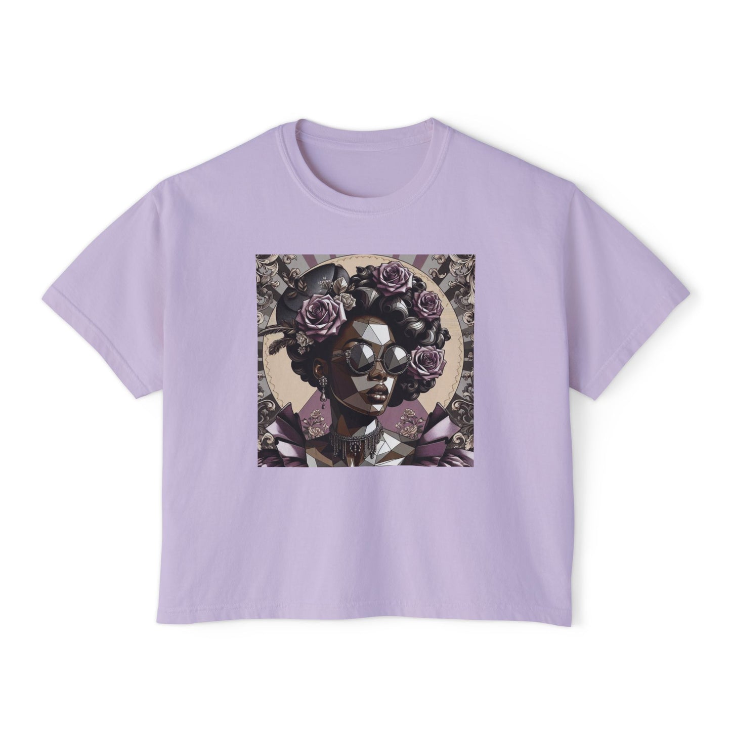 Afro Art Women's Boxy Tee, Casual Summer Fashion, Poly Art Style Top, Gifts for Her, Festival Wear - Lilac Baroque Lady