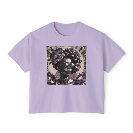 Afro Art Women's Boxy Tee, Casual Summer Fashion, Poly Art Style Top, Gifts for Her, Festival Wear - Lilac Baroque Lady