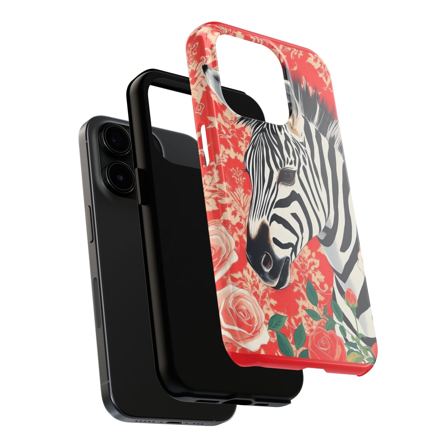 Zebra Tough Phone Case - Trendy Floral Design for Animal Lovers - Zebra With Coral Roses & Damask