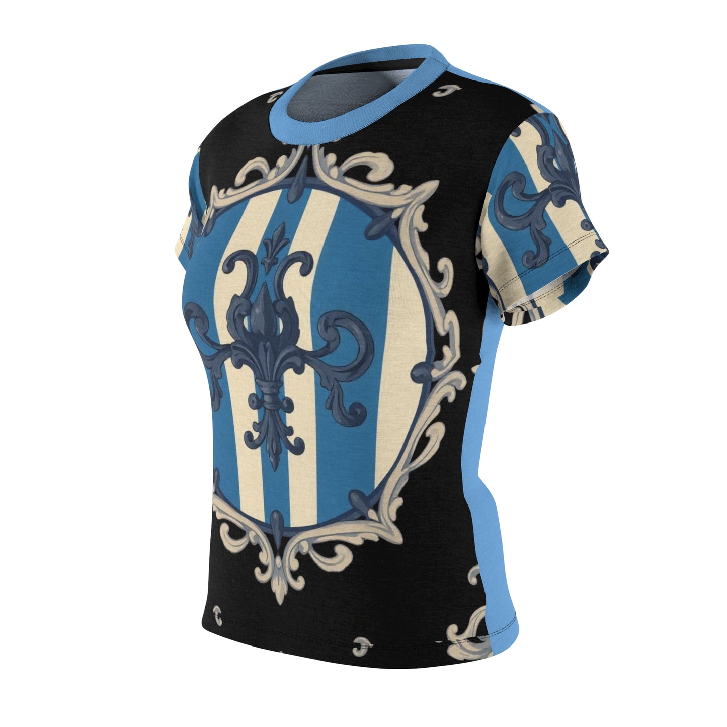 Chic Blue & Alabaster Striped Baroque Women's Cut & Sew T-Shirt, Unique Graphic Tee, Elegant Casual Top, Stylish Everyday Wear