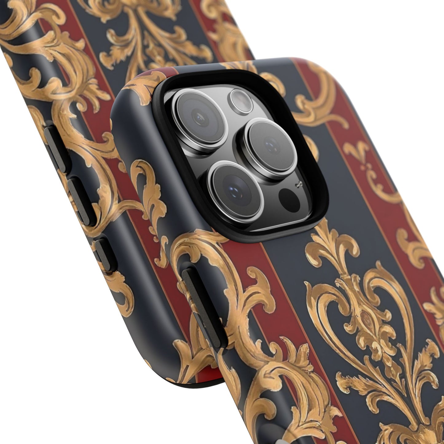 Elegant Floral Motif Phone Case - Tough Cases with Vintage Design - Midnight Blue & Dusk Red Striped Gold Damask
