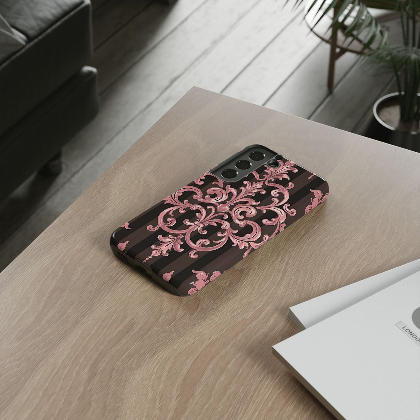 Elegant Floral Motif Phone Case - Tough Cases with Vintage Design - Brown Striped Mauve Damask