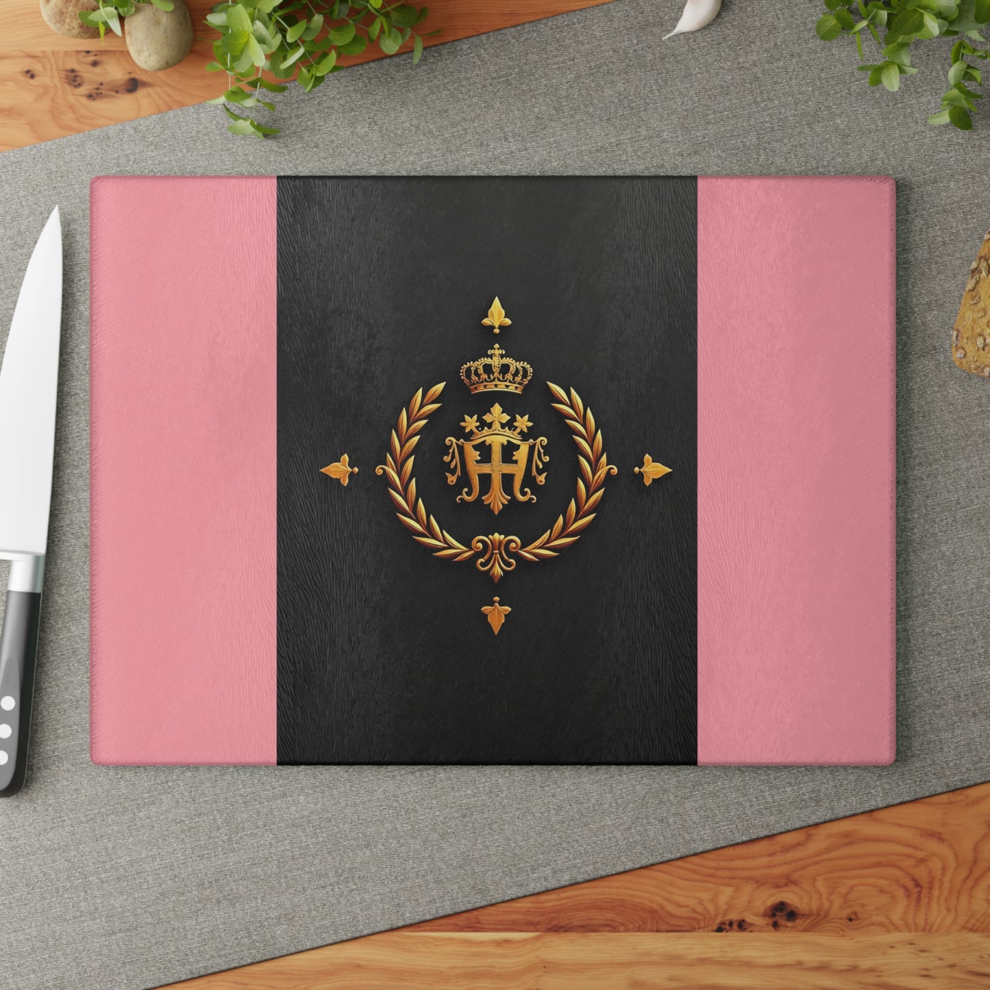 Elegant Monogrammed Glass Cutting Board | Modern Kitchen Decor, Unique Wedding Gift, Housewarming Present - Pink Striped Gold Crest