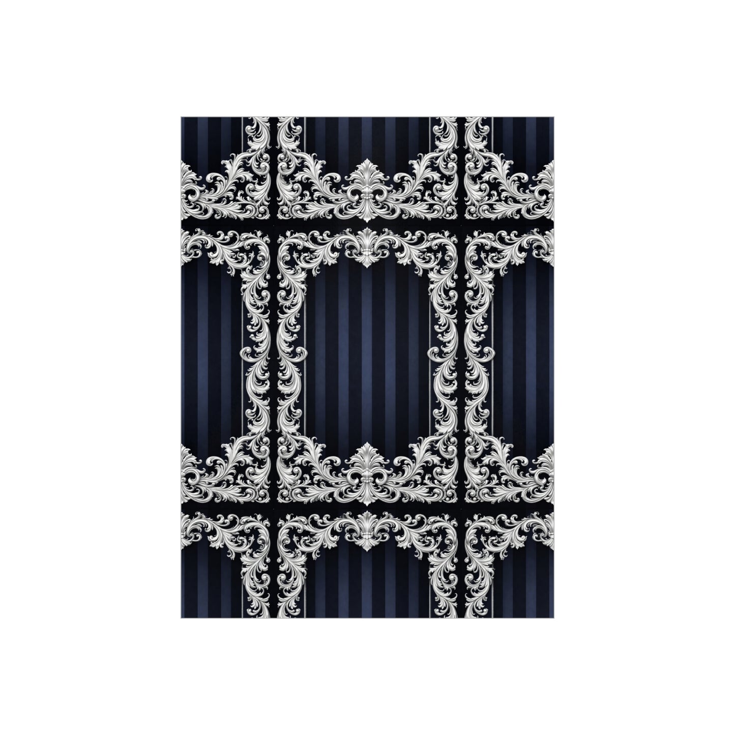 Navy Stripes & Baroque Foam Board Backdrop — Ornate Silver Scroll Panel
