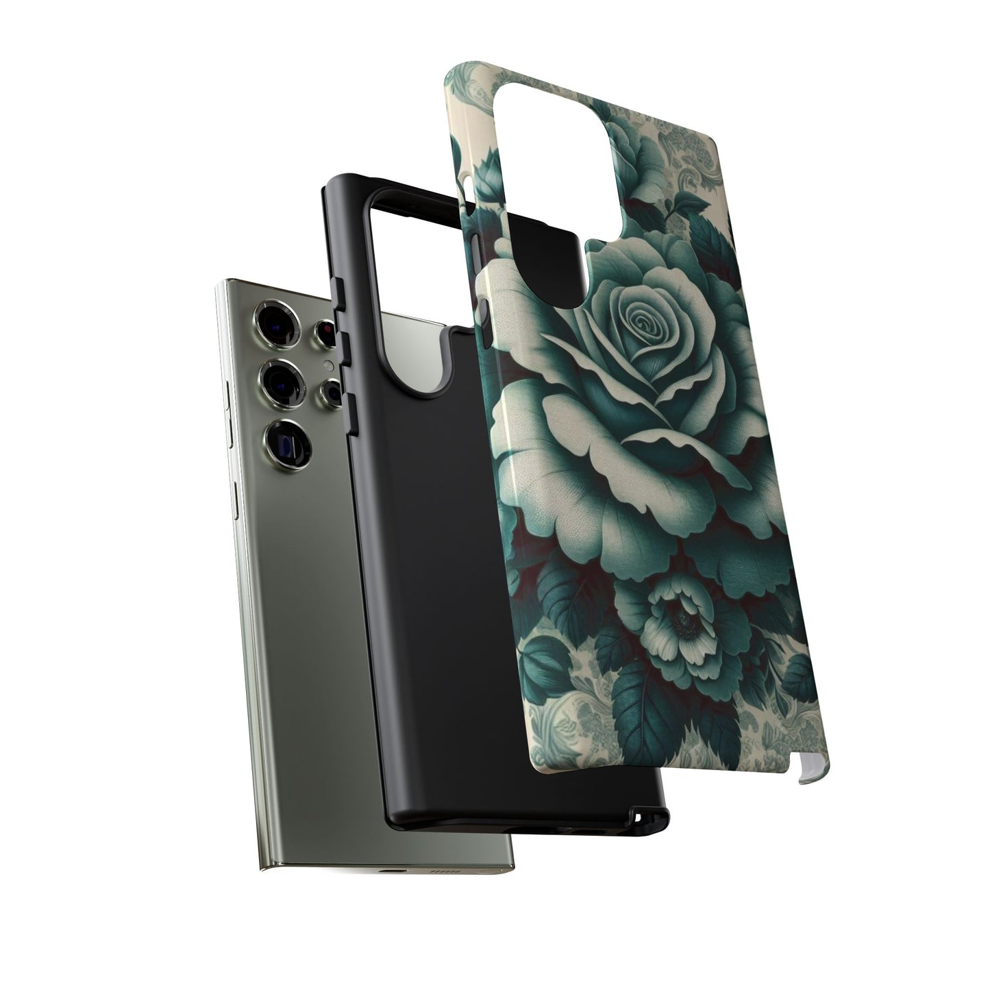 Elegant Floral Motif Phone Case - Tough Cases with Vintage Design - Teal Roses & Damask
