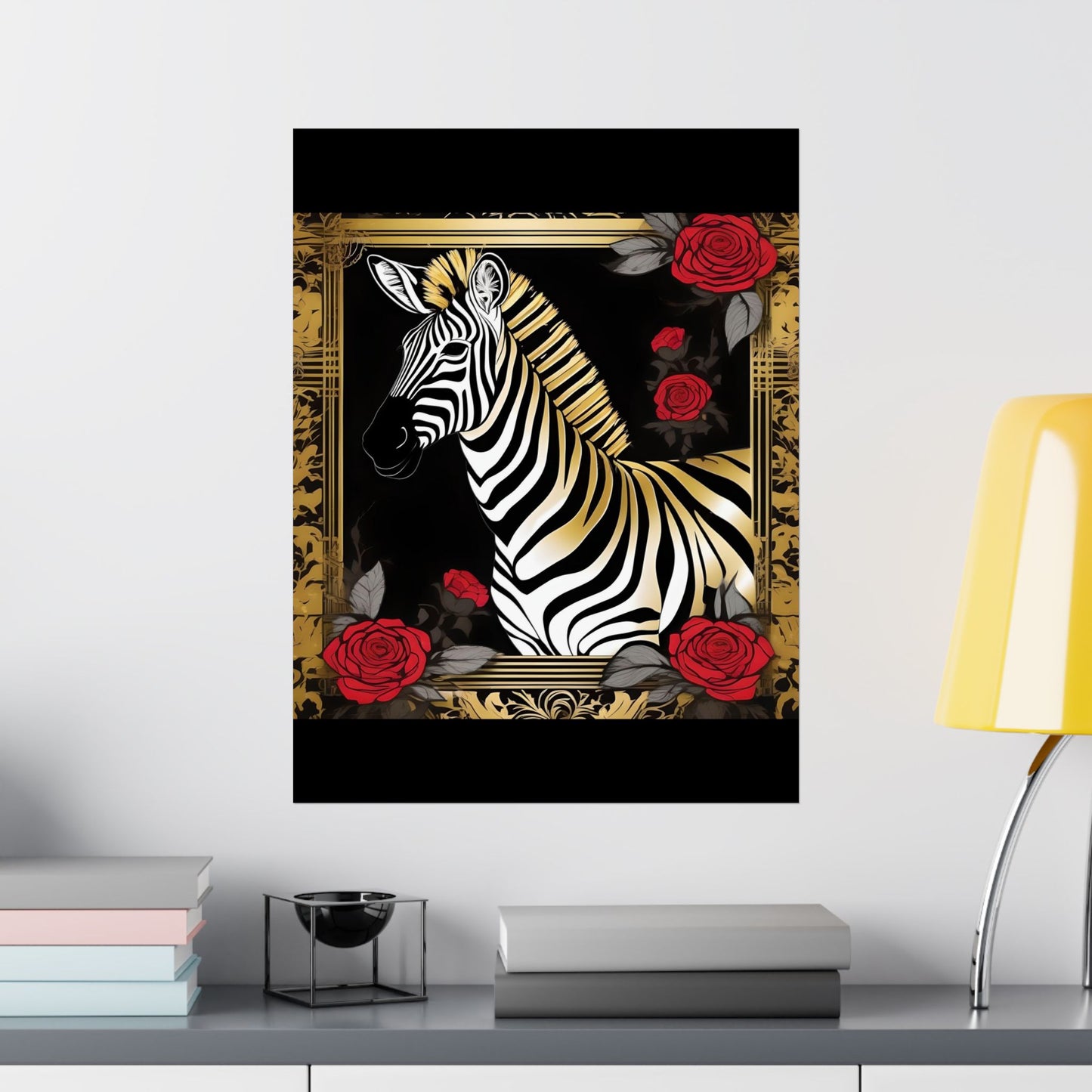 Floral Art Poster - Elegant Matte Vertical Wall Decor - Zebra With Roses