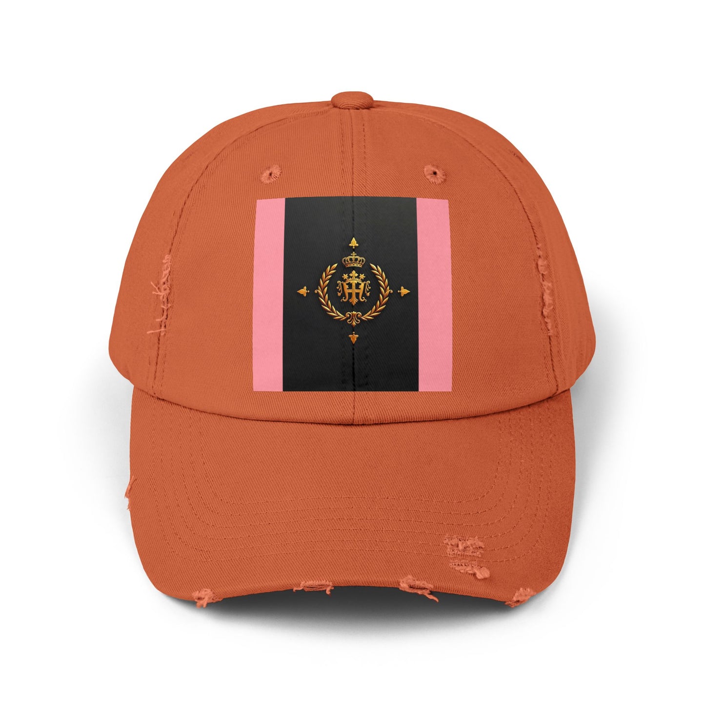 Stylish Unisex Distressed Cap with Trendy Design, Casual Accessories for Everyday Wear, Fashion Statement Cap - Pink Striped Gold Crest