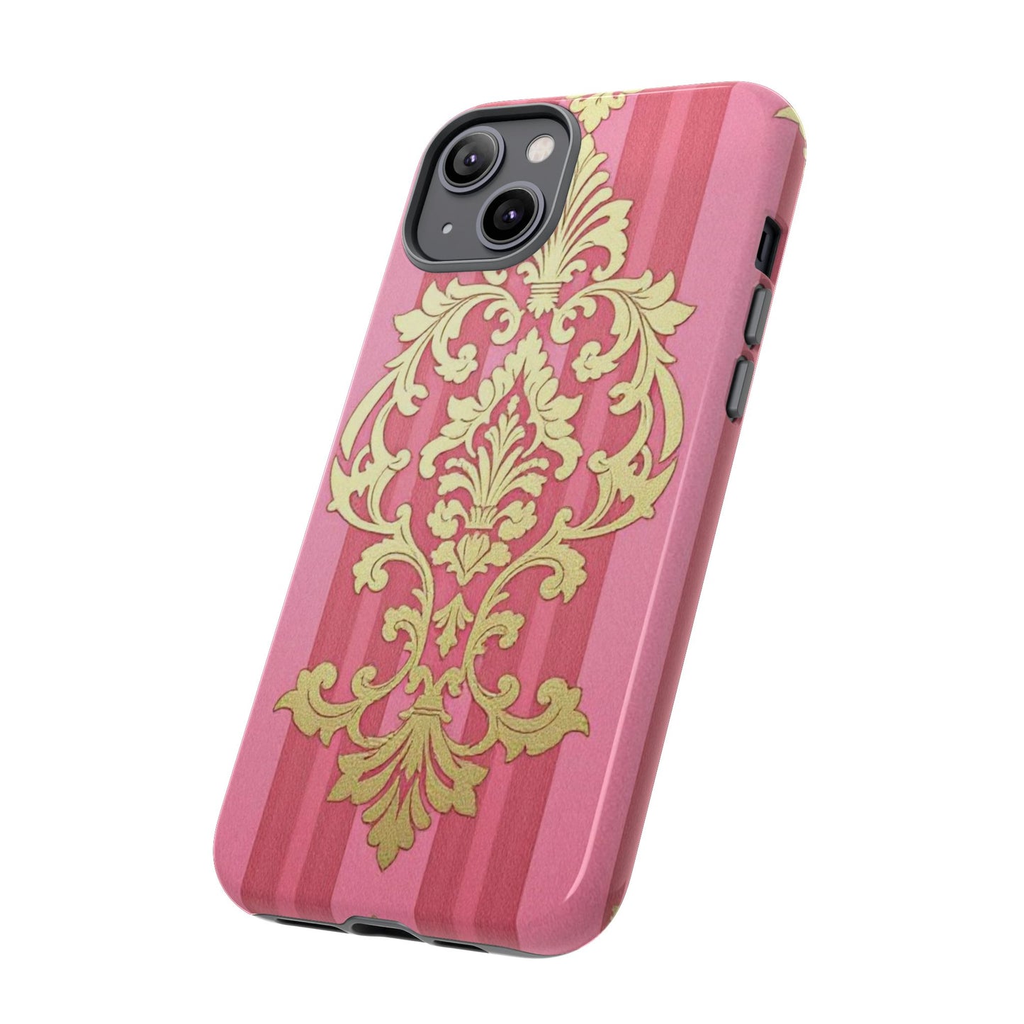Elegant Floral Motif Phone Case - Tough Cases with Vintage Design - Pink Striped Damask