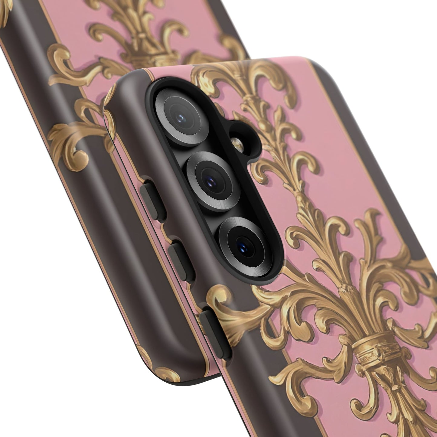 Elegant Floral Motif Phone Case - Tough Cases with Vintage Design - Pink & Brown Striped Gold Damask