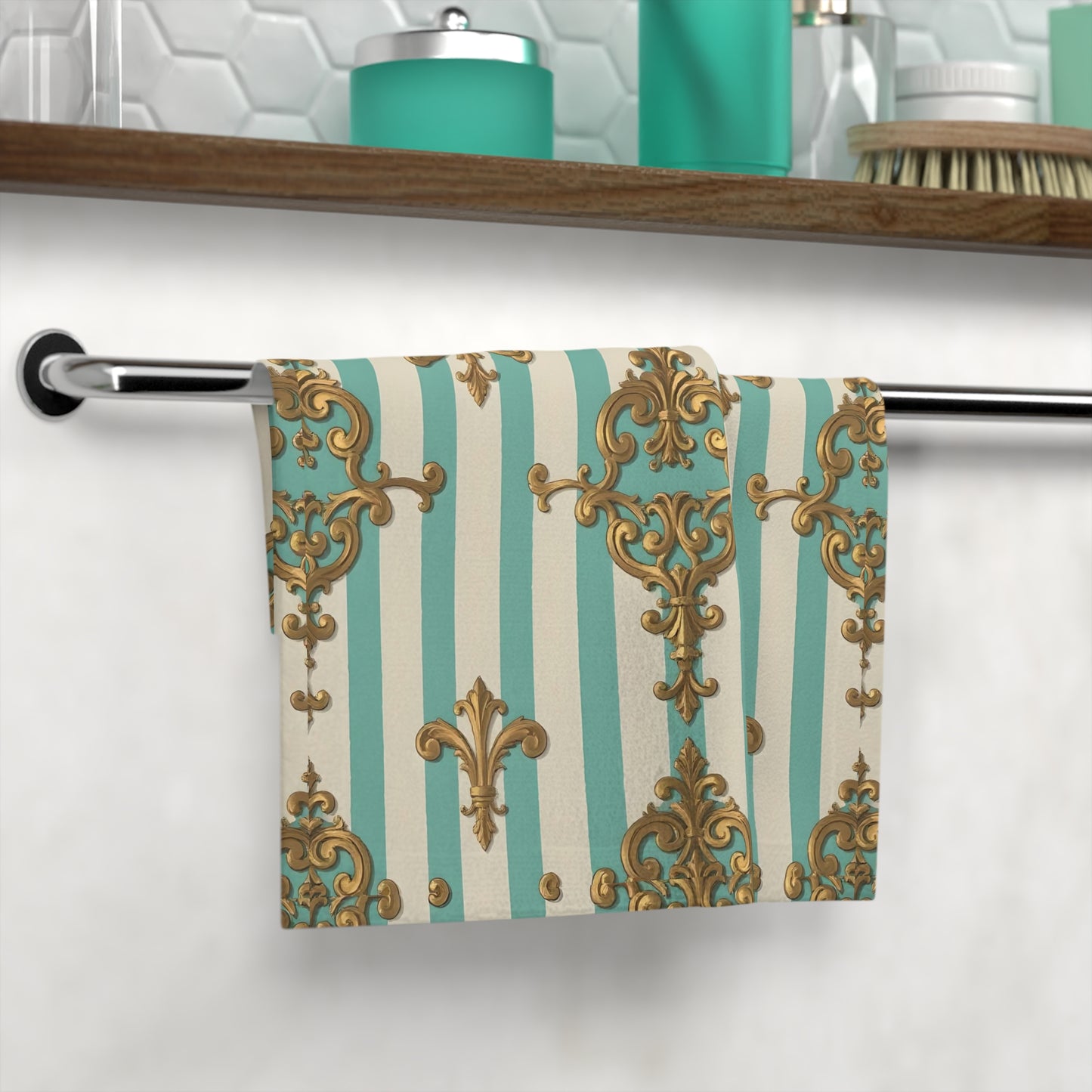Elegant Decorative Face Towel, Luxurious Bathroom Accessory, Spa Towel, Wedding Gift, Home Decor - Matte Green Striped Rococo