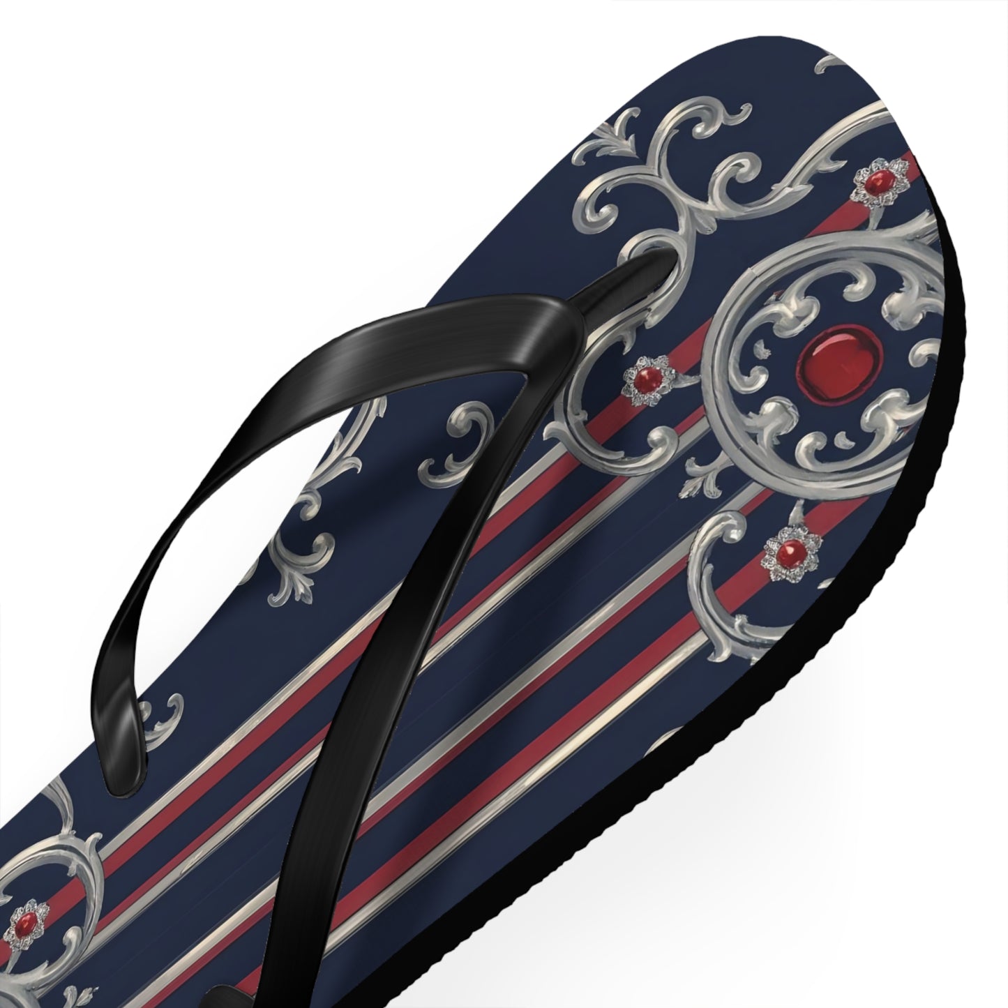 Elegant Nautical Flip Flops | Perfect for Beach Days, Summer Parties, Travel, Vacation, Poolside Relaxation - Blue & Red Striped Silver Baroque