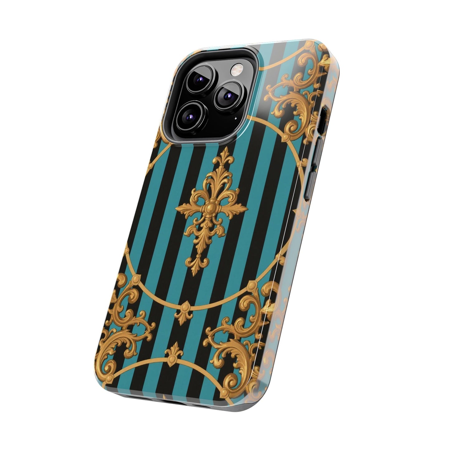 Elegant Turquoise & Black Striped Gold Baroque Phone Case, Tough Phone Cases for Fashion Lovers, Gift for Her, Luxury Accessories
