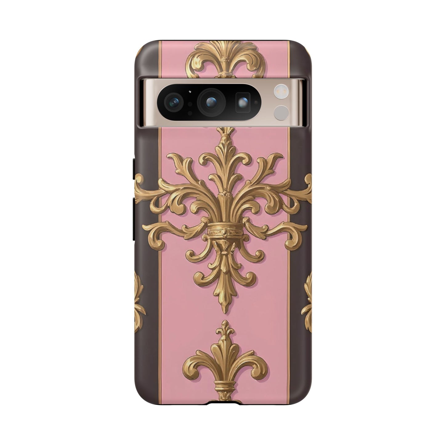 Elegant Floral Motif Phone Case - Tough Cases with Vintage Design - Pink & Brown Striped Gold Damask