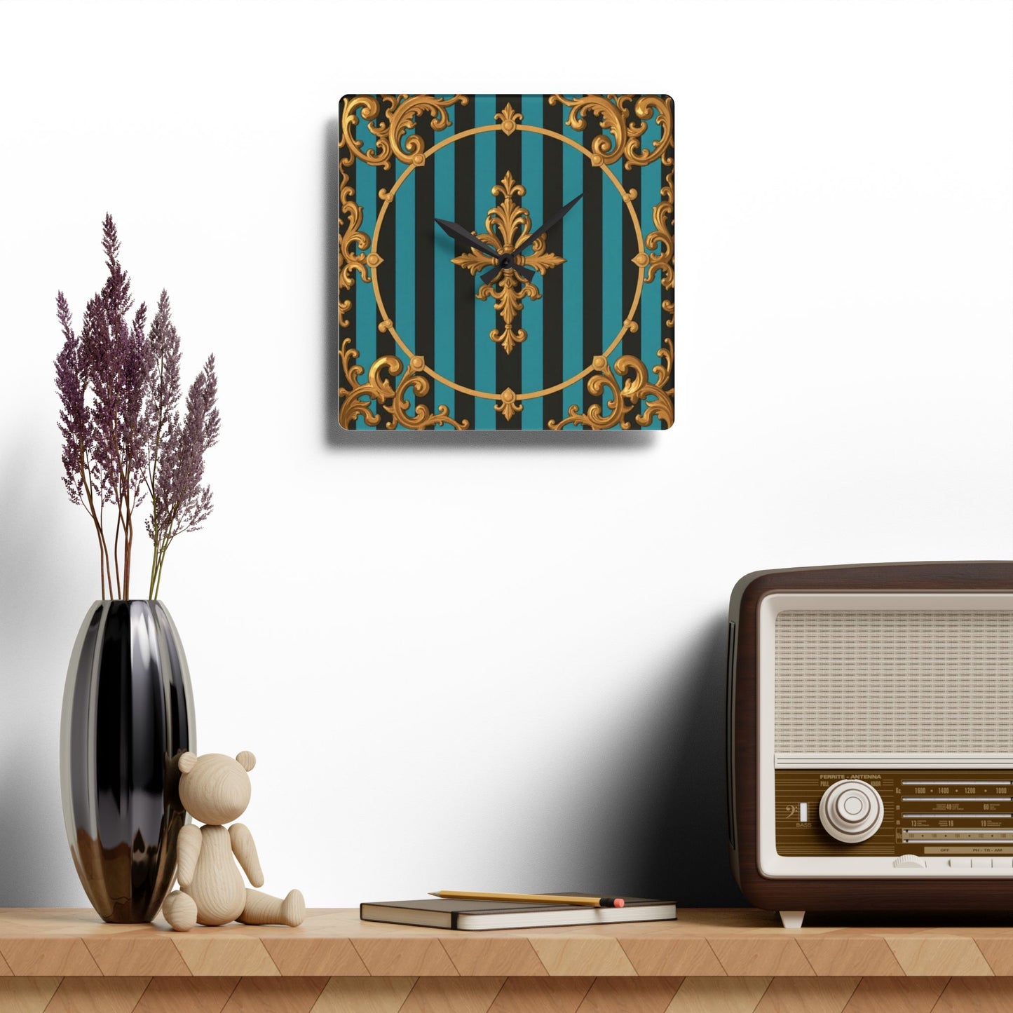 Elegant Turquoise & Black Striped Gold Baroque Acrylic Wall Clock, Gold Accents, Home Decor, Gift for Housewarming, Birthday, Stylish Wall Art