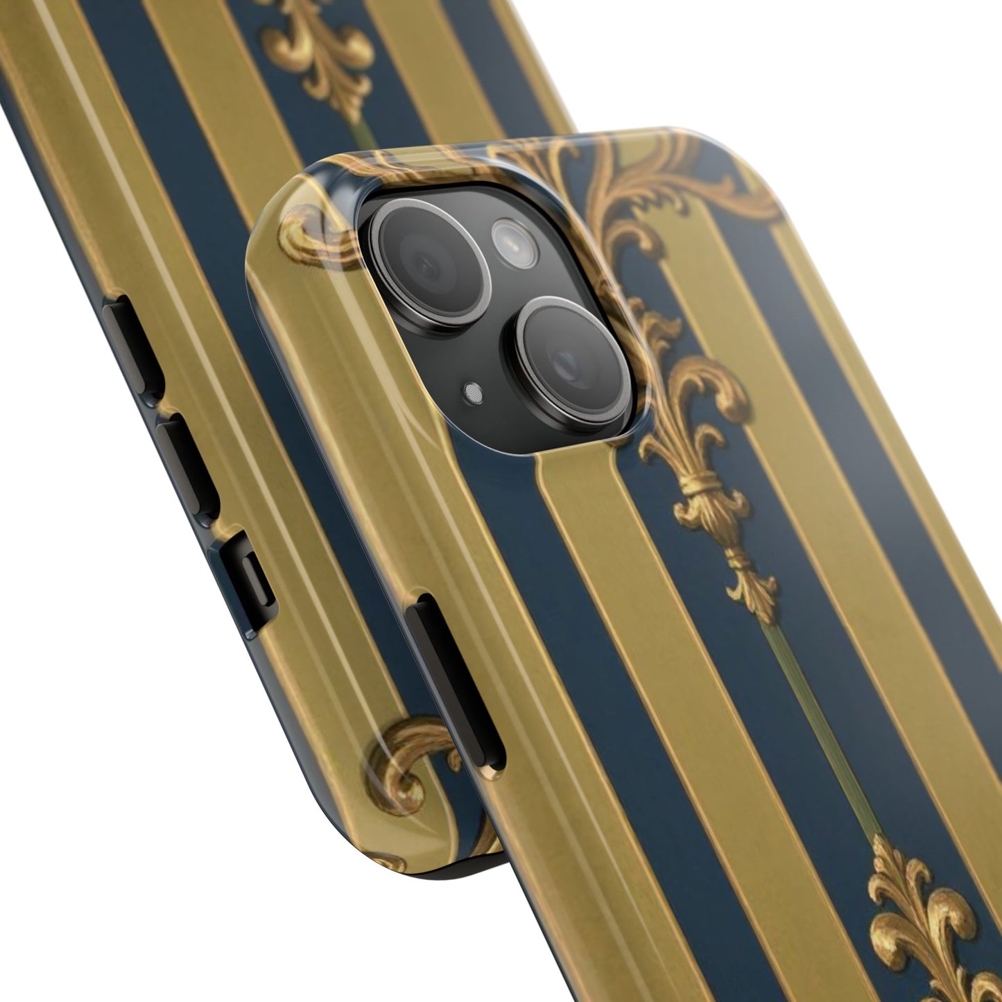 Elegant Midnight Blue & Olive Striped Gold Baroque Tough Phone Case, Phone Cover, Durable Case for Protection, Stylish Gift for Him/Her