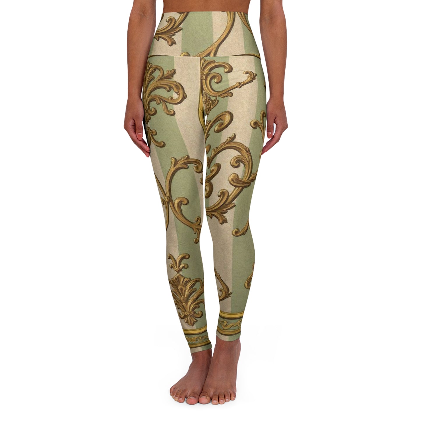 Elegant High Waisted Yoga Leggings - Stylish Activewear for Fitness, Yoga, and Leisure - Mint & Beige Striped Gold Baroque