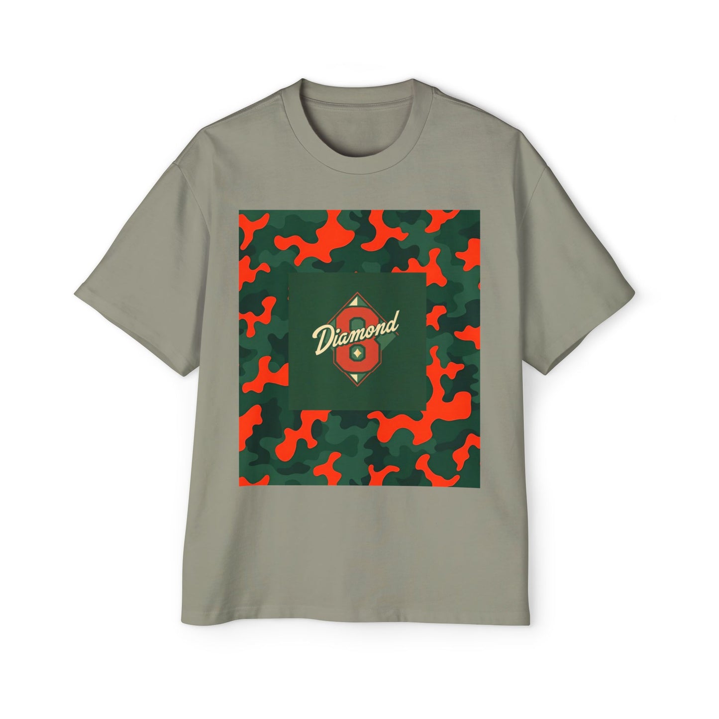 Men's Heavy Oversized Camouflage Tee, Casual Streetwear Shirt, Graphic T-Shirt, Comfortable Everyday Wear, Gift for Him - Green & Orange Camo Diamond 8