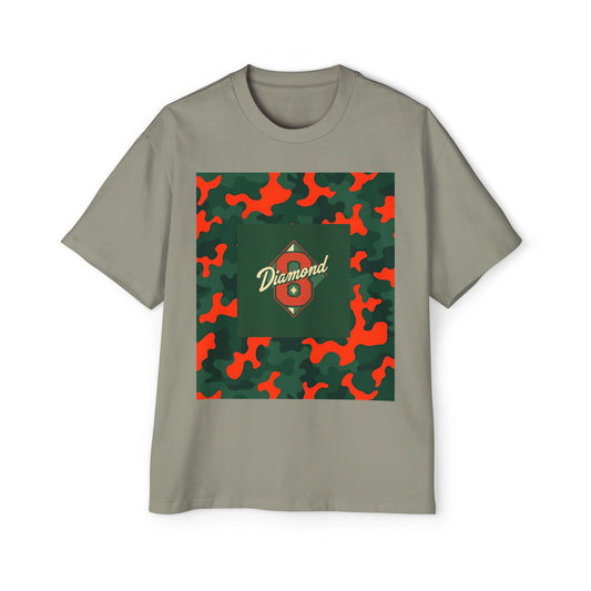 Men's Heavy Oversized Camouflage Tee, Casual Streetwear Shirt, Graphic T-Shirt, Comfortable Everyday Wear, Gift for Him - Green & Orange Camo Diamond 8