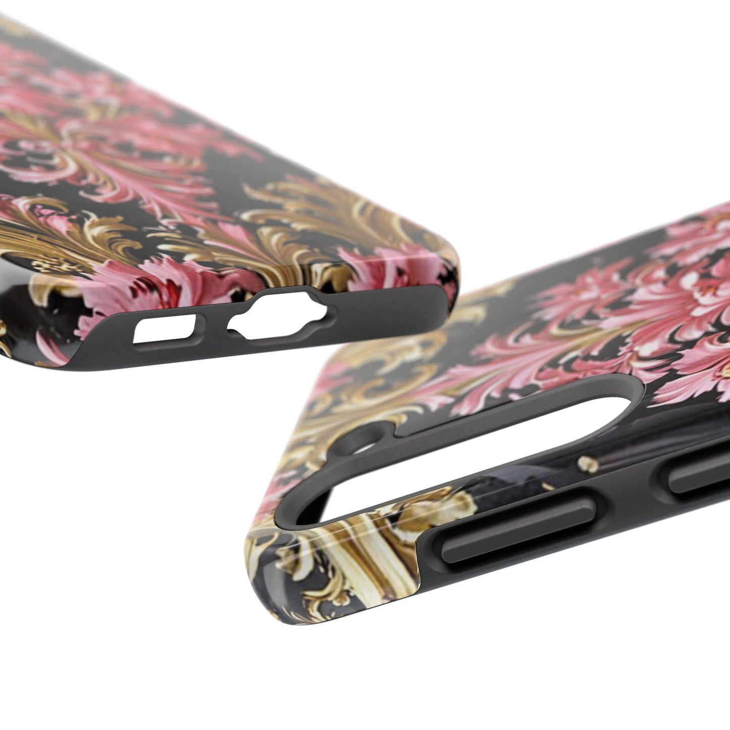 Elegant Floral Tough Phone Cases | Stylish Protection for Her | Gift for Birthdays - Black & Pink Oil Painting Style Rococo