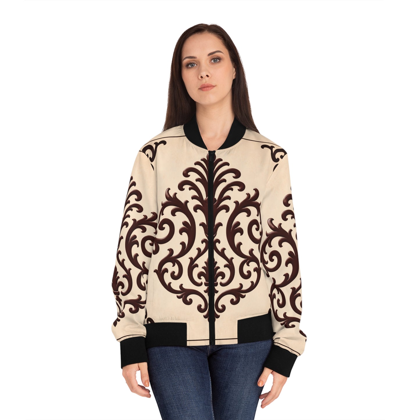 Almond-Beige & Brown Baroque Scroll Pattern Women's Bomber Jacket – Vintage Ornate AOP