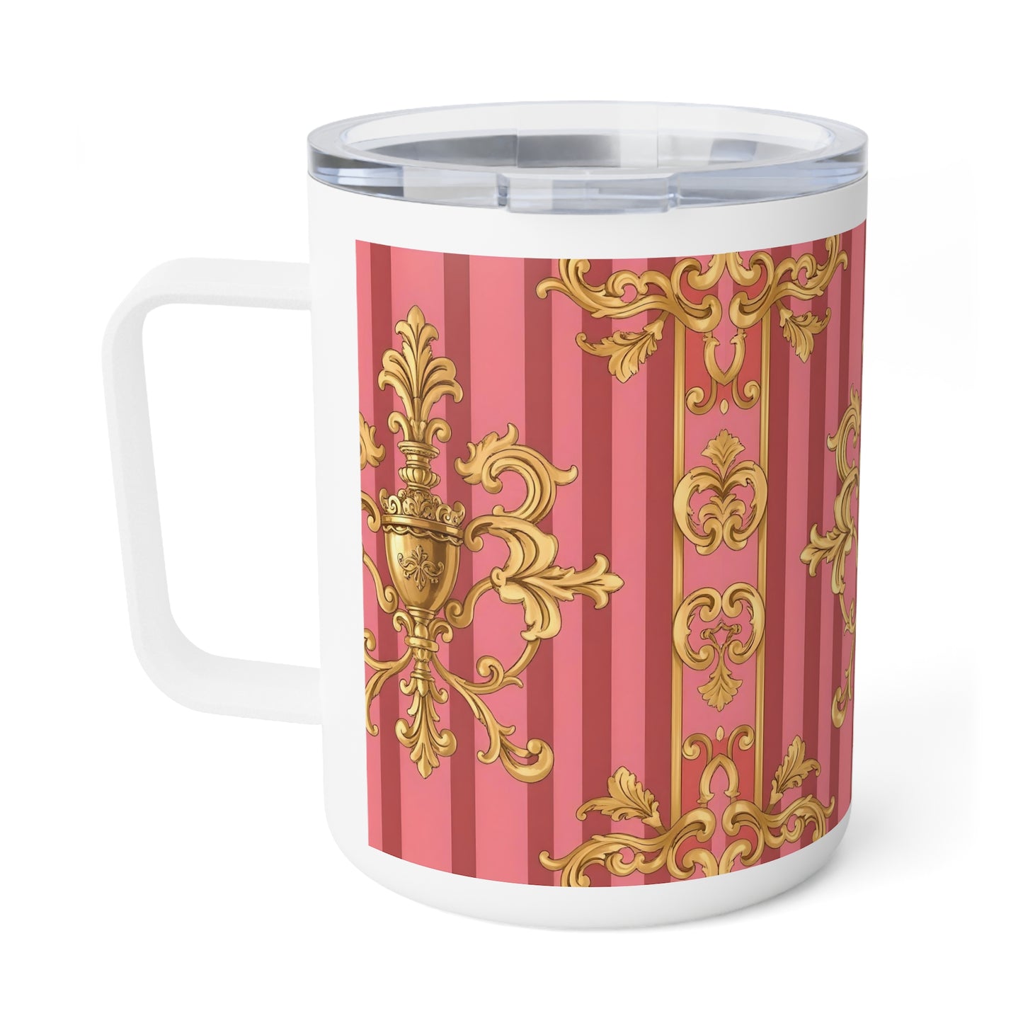 Chic Insulated Coffee Mug - Elegant Pink & Gold Design, Perfect Gift for Coffee Lovers, Housewarming - Pink Striped Gold Baroque
