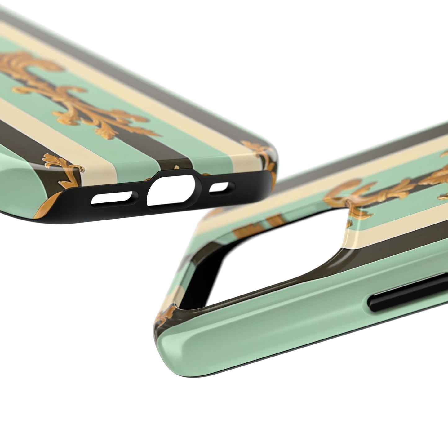 Elegant Floral Tough Phone Cases - Stylish Protection for All Occasions, Gifts for Her, Phone Covers - Black & Matte Mint Striped Rococo