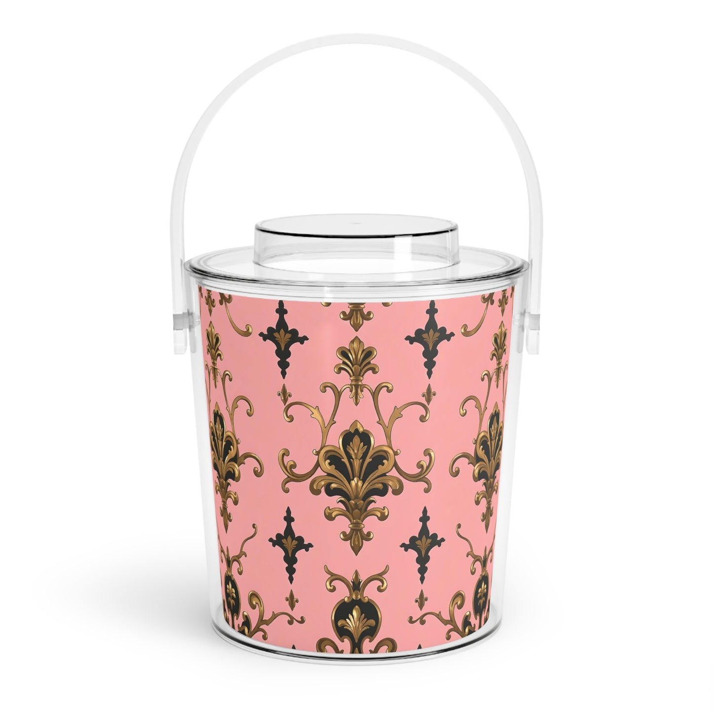 Elegant Pink Floral Ice Bucket with Tongs, Party Essential, Barware, Luxury Entertaining, Wedding Gift Idea - Pink, Black & Gold Rococo