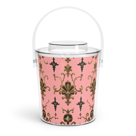 Elegant Pink Floral Ice Bucket with Tongs, Party Essential, Barware, Luxury Entertaining, Wedding Gift Idea - Pink, Black & Gold Rococo