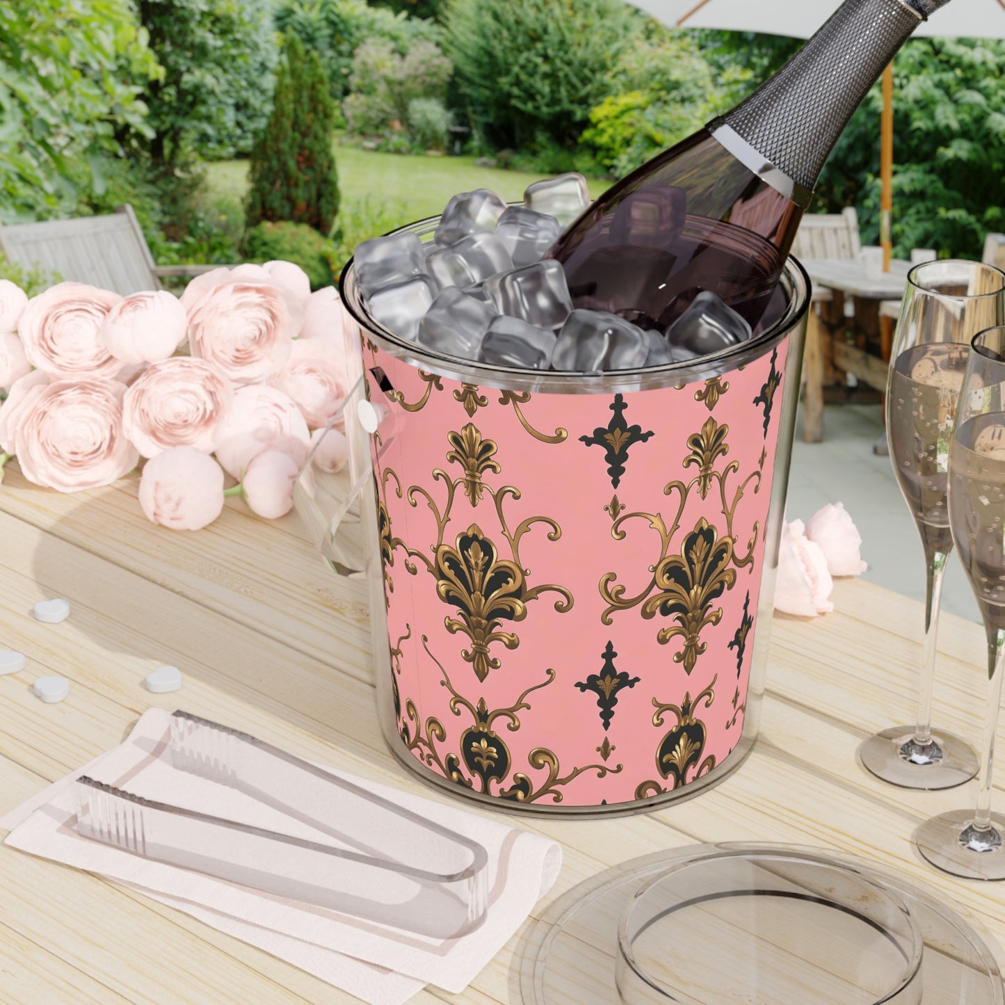 Elegant Pink Floral Ice Bucket with Tongs, Party Essential, Barware, Luxury Entertaining, Wedding Gift Idea - Pink, Black & Gold Rococo