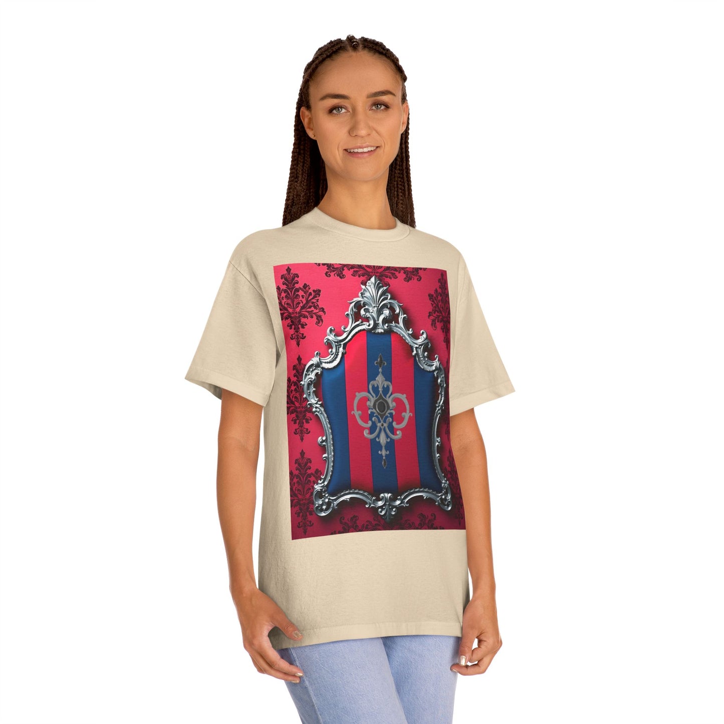 Vintage Couture Shield Unisex Classic Tee, Fashion T-Shirt, Gift for Fashion Lovers, Casual Wear, Unique Graphic Shirt - Blue & Red Striped Silver Crest