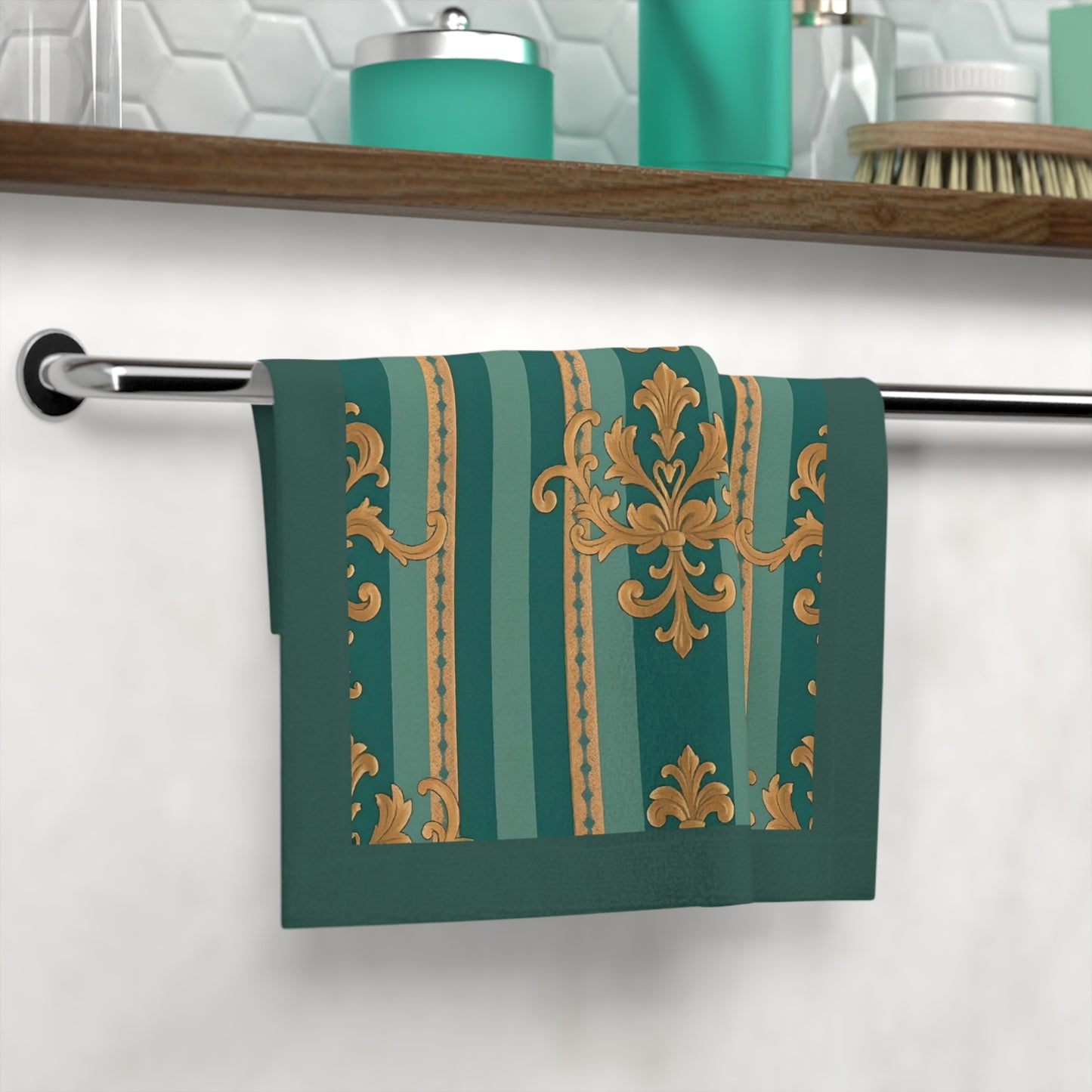 Elegant Vintage Face Towel – Luxurious Gold Pattern for Home & Spa - Teal Striped Gold Damask