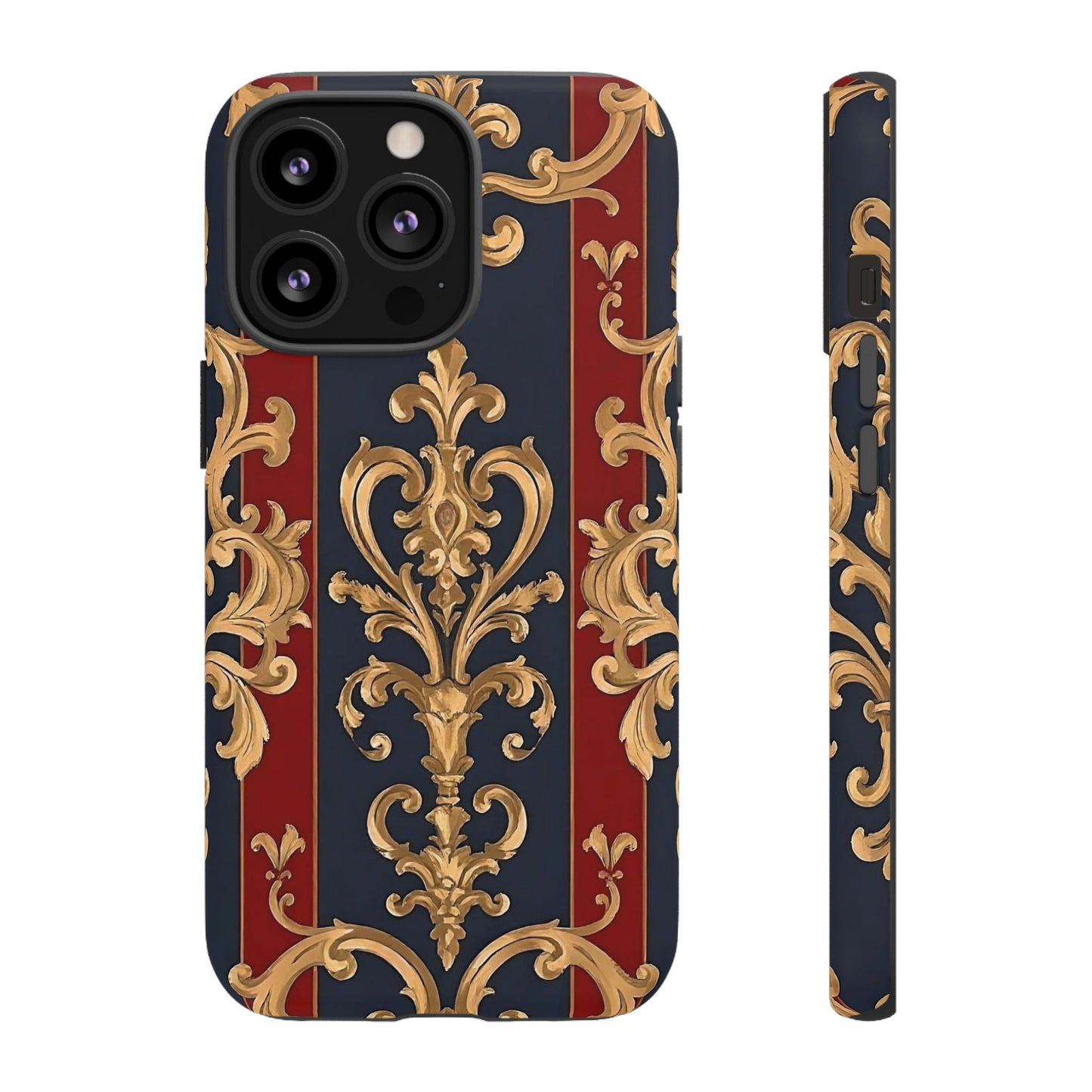 Elegant Floral Motif Phone Case - Tough Cases with Vintage Design - Midnight Blue & Dusk Red Striped Gold Damask