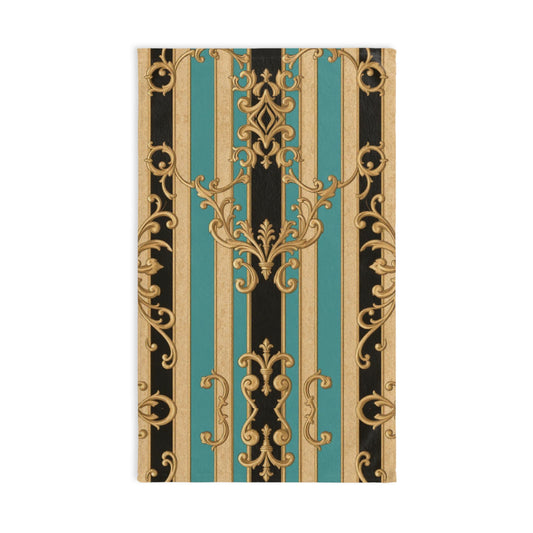 Elegant Black, Tan & Ocean Green Striped Gold Baroque Decorative Hand Towel, Bathroom Accessory, Gift for Home, Kitchen Towel, Vintage Inspired