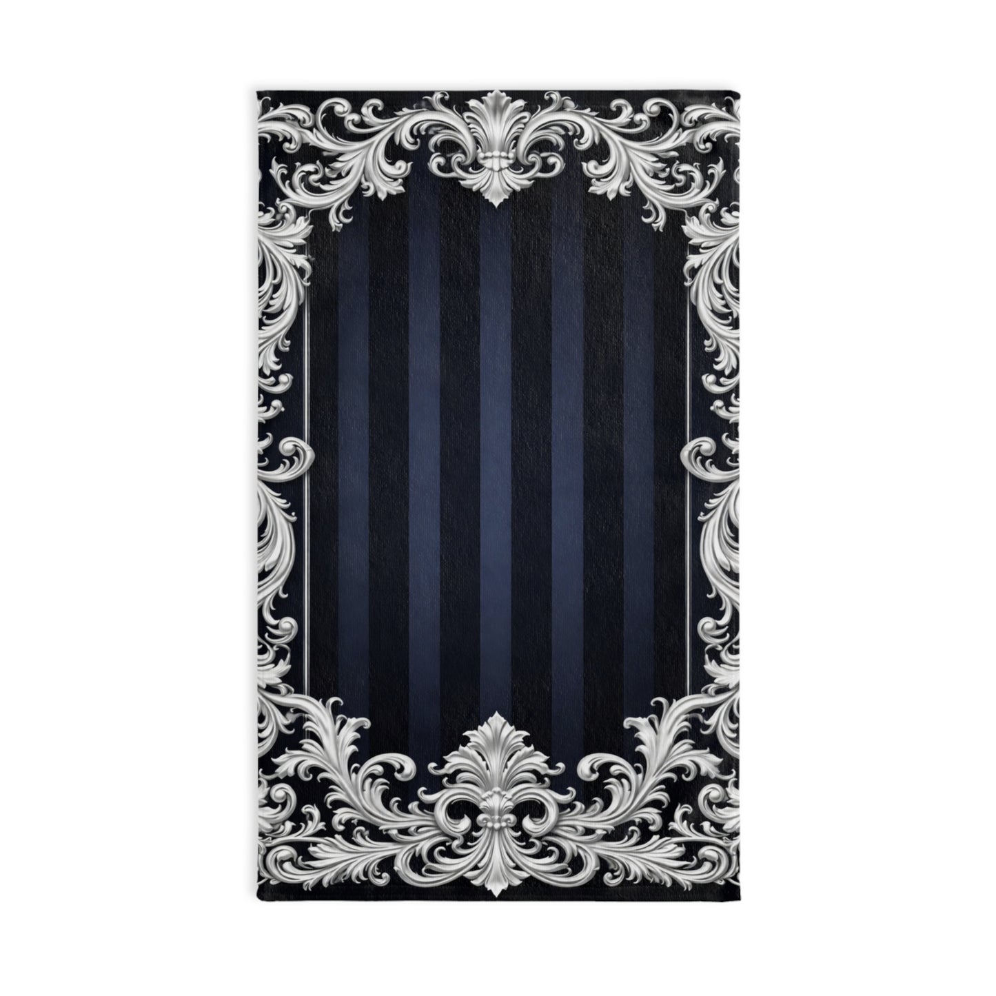 Navy Stripes & Baroque Hand Towel — Navy Ornate Decorative Towel