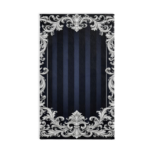 Navy Stripes & Baroque Hand Towel — Navy Ornate Decorative Towel