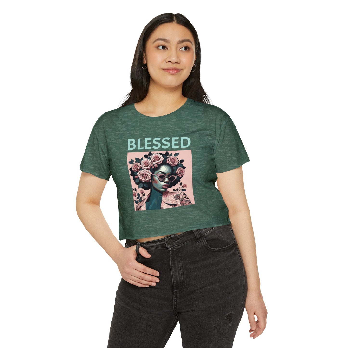 Women's Festival Crop Top - Blessed Graphic Tee, Boho Style Shirt, Summer Outfit, Gift for Her, Festival Wear, Trendy Casual Top - Mint Lettering