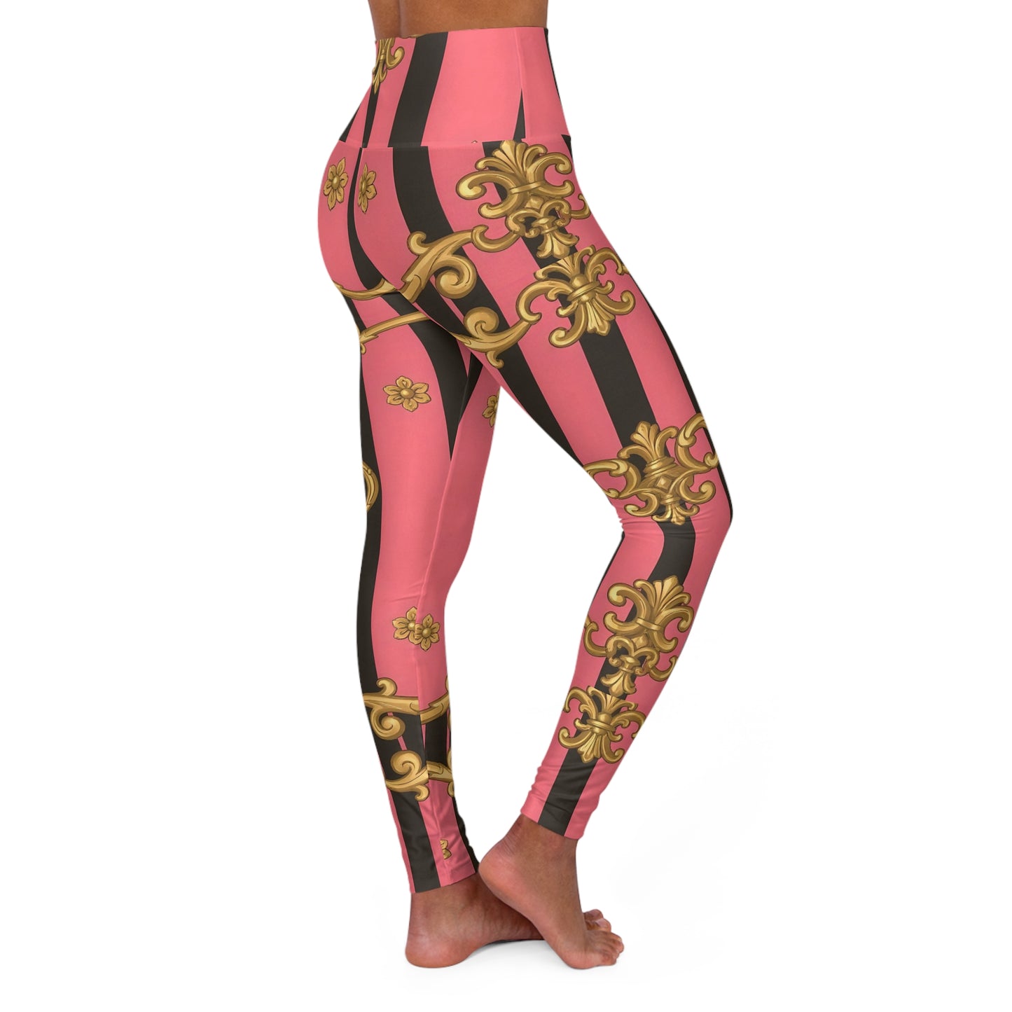 Chic High Waisted Yoga Leggings, Fitness Apparel, Activewear, Workout Leggings, Stylish Sports Leggings - Pink & Black Striped Gold Baroque