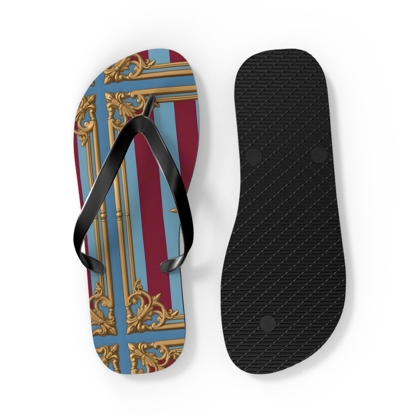 Ornate Design Flip Flops, Elegant Summer Sandals, Beach Vacation Footwear, Perfect for Weddings - Sky Blue & Maroon Striped Baroque