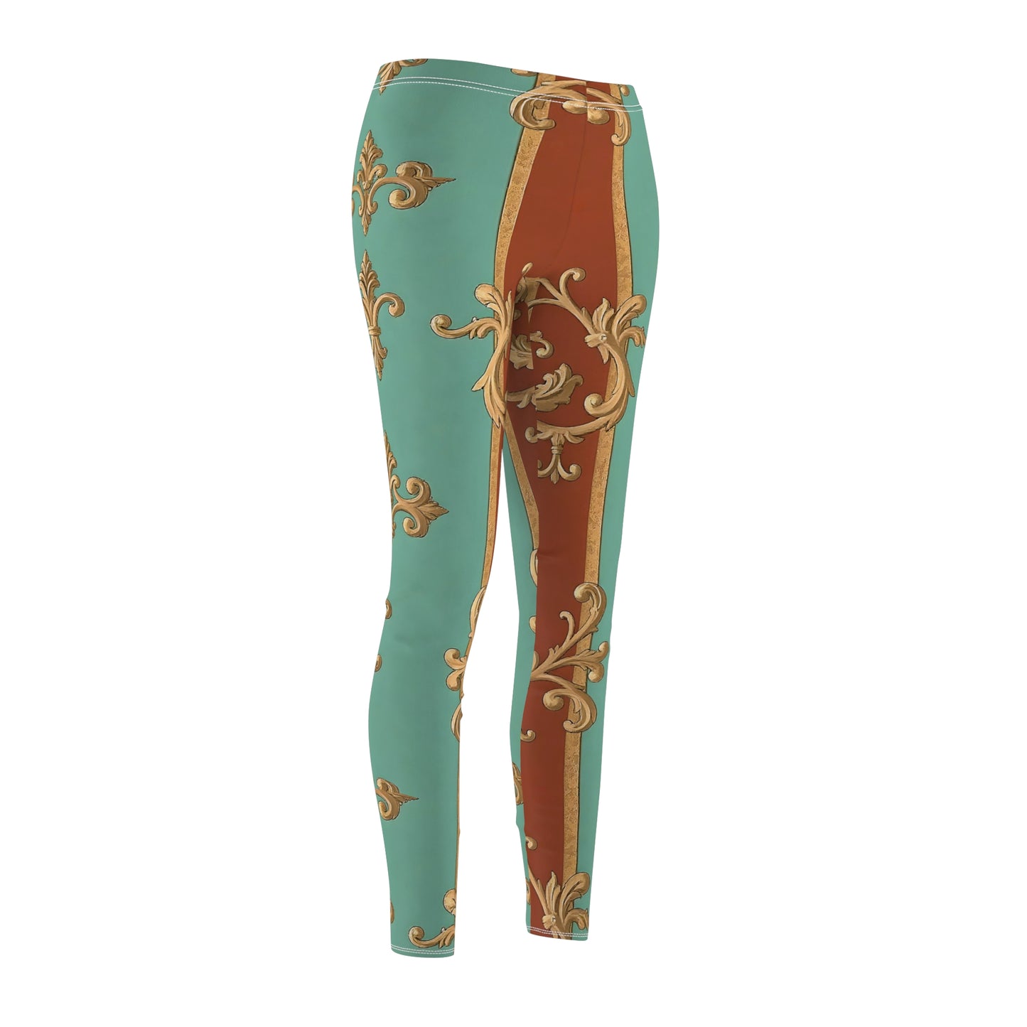 Vintage-Inspired Women’s Cut & Sew Casual Leggings | Elegant Floral Design - Rust & Mint Aqua Striped Baroque