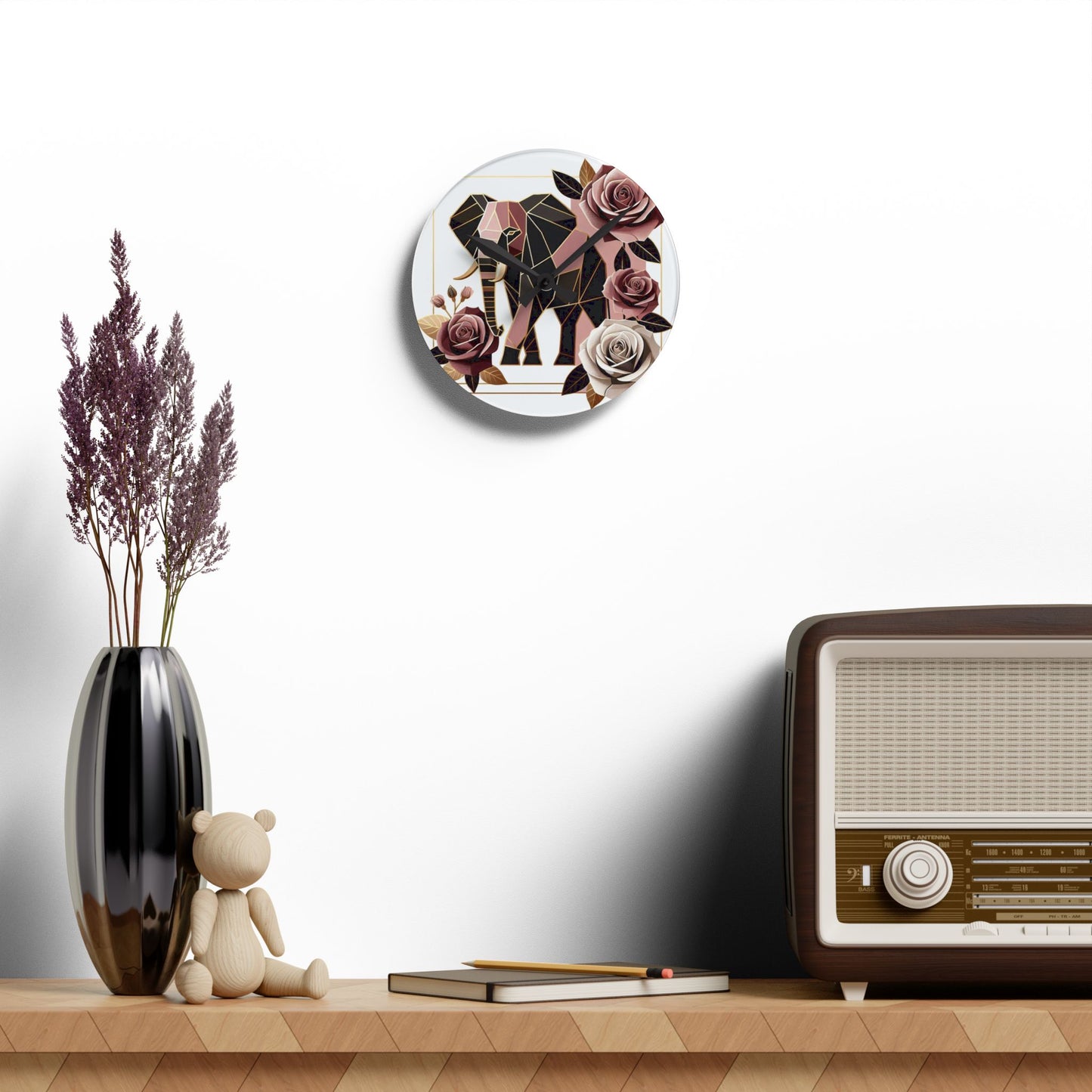 Bohemian Elephant-Inspired Acrylic Wall Clock with Floral Design - Brown & Mauve Elephant & Roses Design