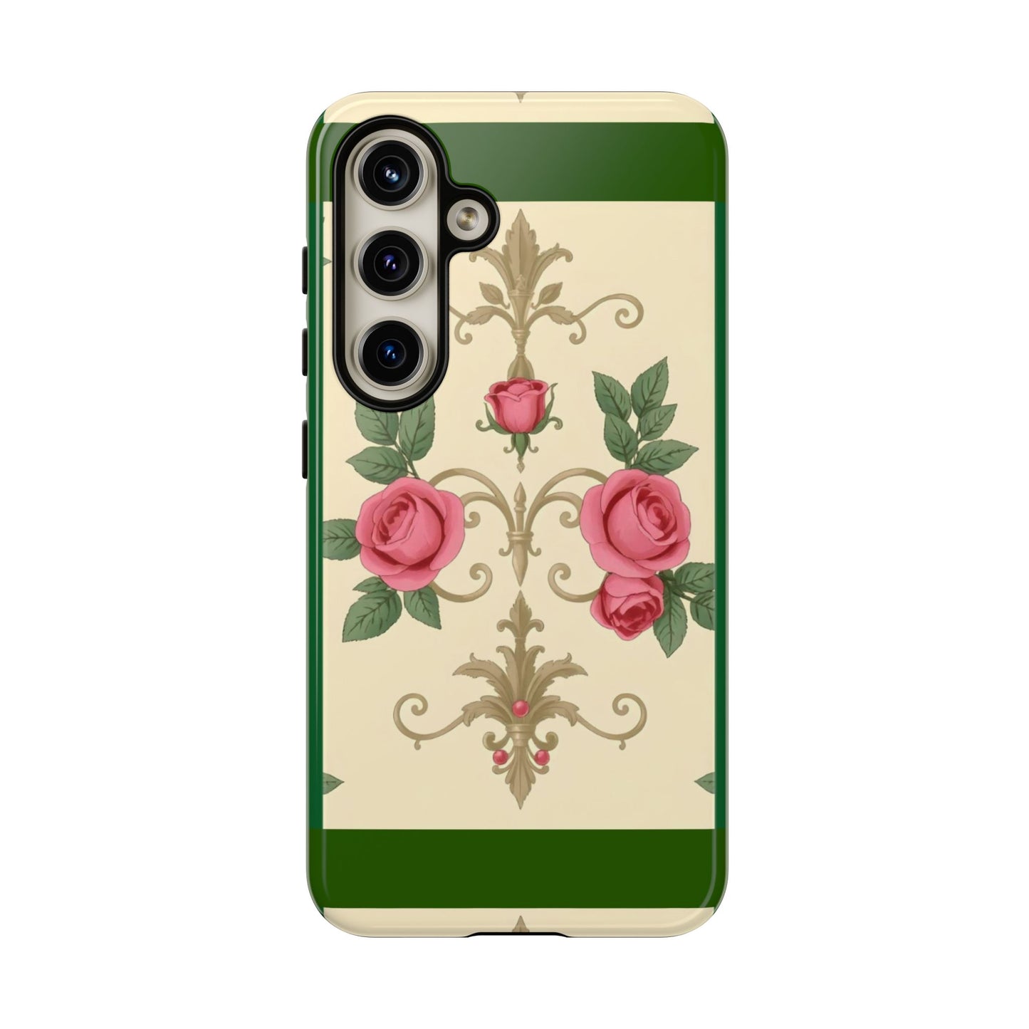 Elegant Floral Motif Phone Case - Tough Cases with Vintage Design - Green Border Roses & Damask